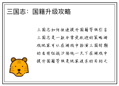 三国志：国籍升级攻略